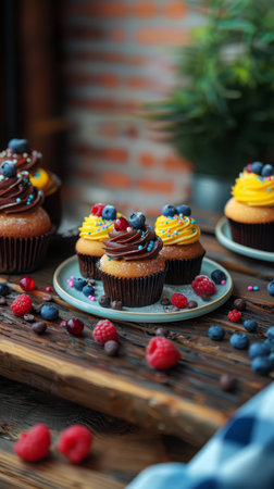 Delicious cupcakes with fresh berries on wooden table, closeupの素材