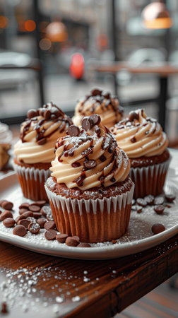 Cupcakes with chocolate frosting on wooden table, closeupの素材