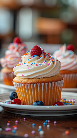 Cupcake with whipped cream and fresh berries on the table.の素材