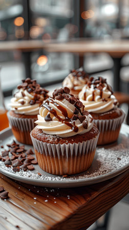 Delicious cupcakes with cream and chocolate on plate, closeupの素材