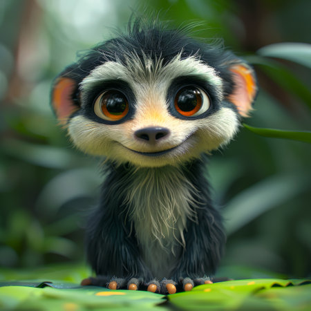 Cute little opossum on the leaf in the jungle. 3d renderingの素材