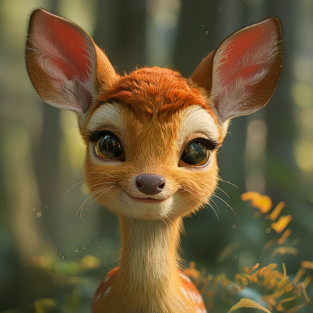 Portrait of a small baby deer in the forest on a summer dayの素材