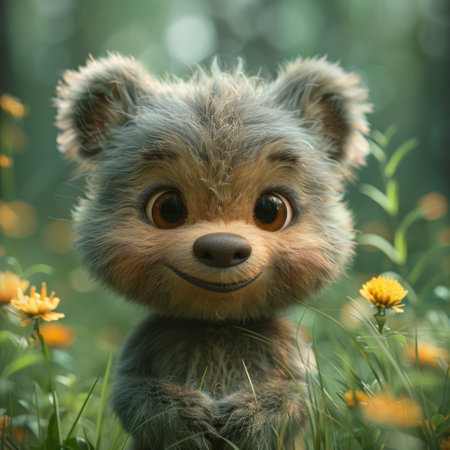 Cute little teddy bear sitting on the grass in the forestの素材