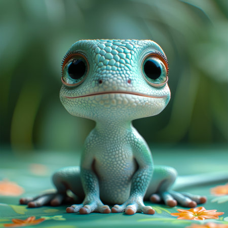 Blue frog on a background of green leaves. 3d rendering.の素材