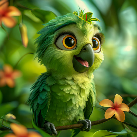 Green parrot on a branch with flowers in the garden - illustrationの素材