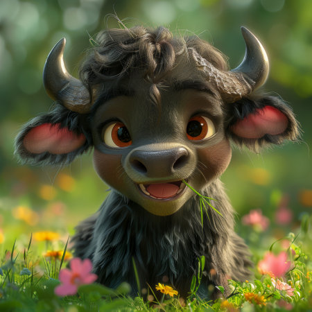 Cute buffalo in the meadow with flowers - 3D renderの素材