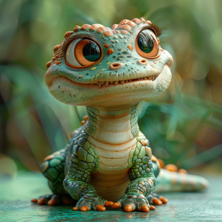 toy crocodile with green eyes on a green background, close-upの素材