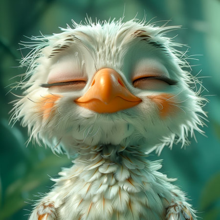 3D rendering of a cute cartoon owl in a green background.の素材