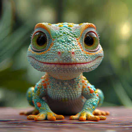 Close-up portrait of a colorful chameleon on blurred backgroundの素材