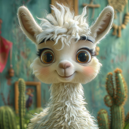 Cute alpaca doll on the background of cactiの素材