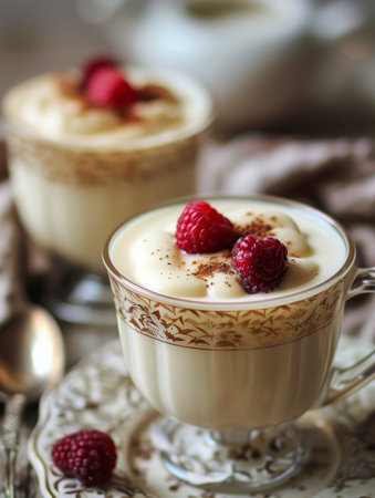 Creamy coffee with raspberries and whipped cream. Selective focus.の素材