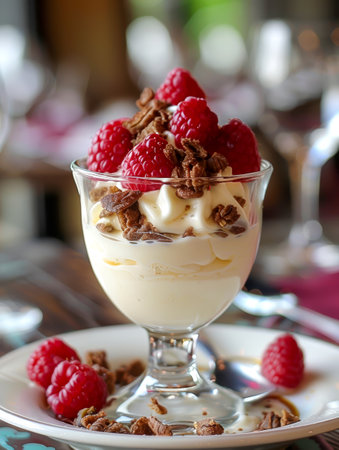 Vanilla yogurt with raspberries and chocolate flakes in a glassの素材