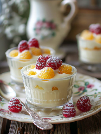 Panna cotta with fresh raspberries and oranges. Selective focusの素材