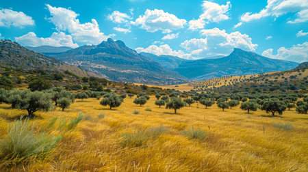 Panoramic view of the mountains and olive grove in Sicily, Italyの素材