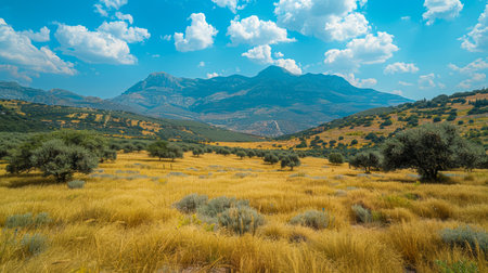 Rural landscape with olive grove and mountains in the background, Crete, Greeceの素材