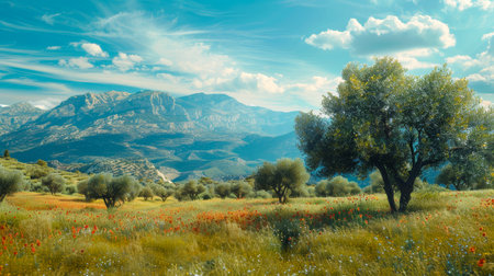 Beautiful landscape with blooming poppies and olive trees.の素材