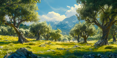 Olive trees in the mountains on a sunny day. Landscape.の素材
