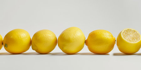 Lemons in a row on a white background with copy spaceの素材