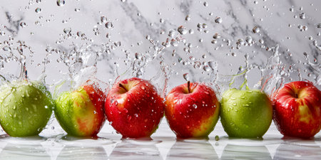 Fresh red and green apples falling into water with splashes on white backgroundの素材