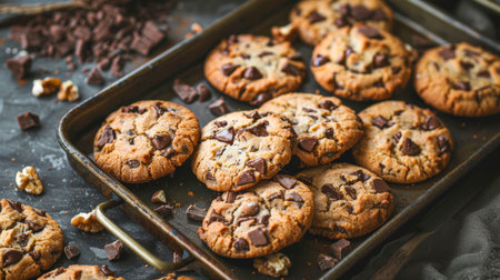 Homemade chocolate chip cookies on a metal tray, selective focus.の素材