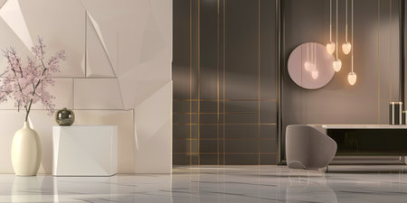 3D rendering of a modern living room interior with a marble floorの素材