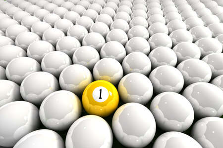 Yellow one ball surrounded by white billiard balls