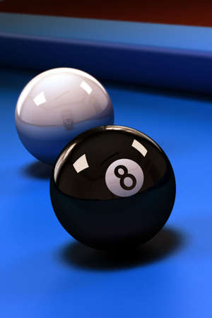 Eight ball with white pool ball on blue pool table