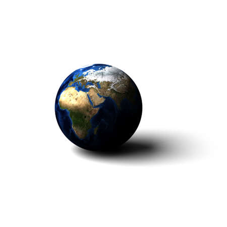 Planet earth laying on white surface with drop shadowの写真素材