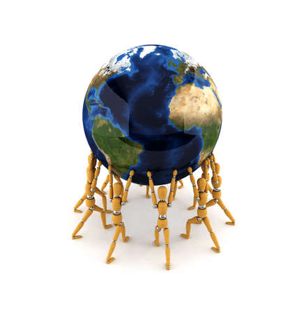 Team holding up the world over white background