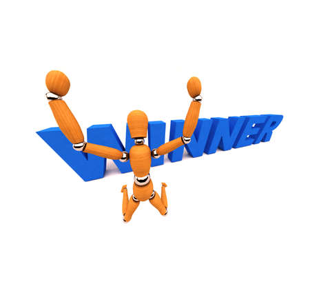 Wooden mannequin jumping in the air celebrating victoryの写真素材