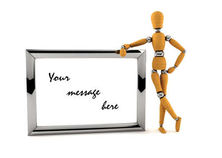 Wooden mannequin holding a metal frame with your custom message over white backgroundの写真素材