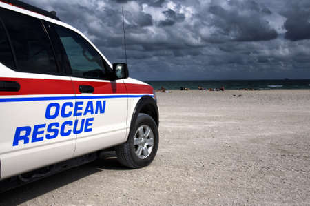 Ocean rescue vehicle on the lookout on the beachの写真素材