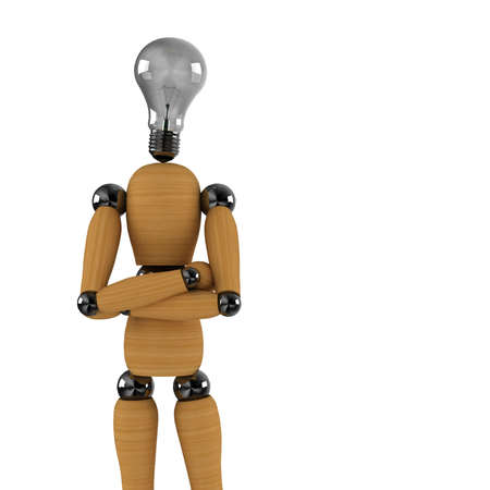 Enlightened dummy - wooden mannequin with light bulb as a headの写真素材