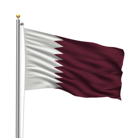Flag of Qatar with flag pole waving in the wind over white backgroundの写真素材