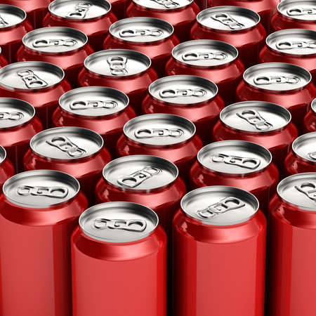 Loads of unopened red soda cansの写真素材