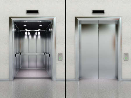 Two images of a modern elevator with opened and closed doors