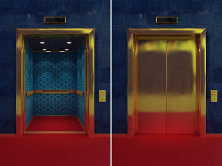 Two images of a luxurious elevator with opened and closed doors