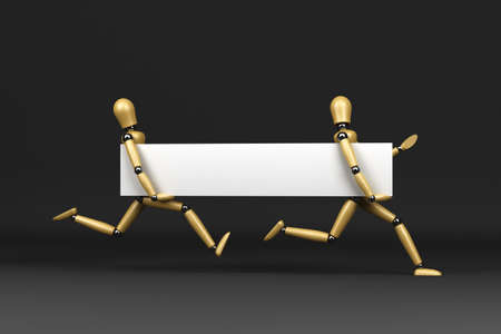 Two wooden mannequins rushing a blank banner to its destination
