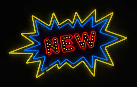 Neon sign promoting a new product or service over dark backgroundの写真素材