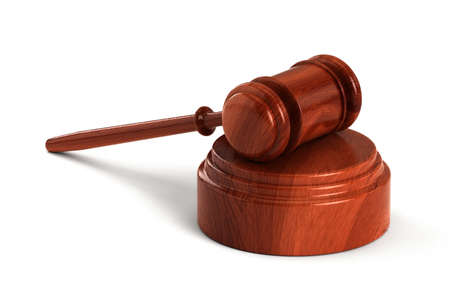 Wooden gavel with sound block over white background