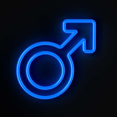 The male symbol in blue neon over black backgroundの写真素材