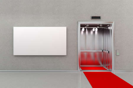 Open elevator in business lobby with a red carpet. The billboard next to the elevator is blank for...