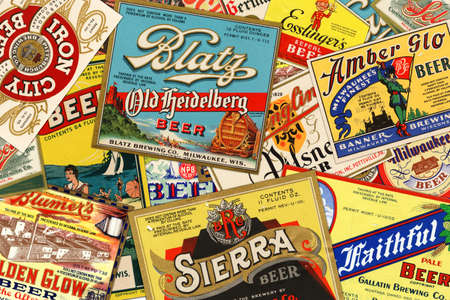 STUTTGART, GERMANY - September 24, 2015: Collection of American vintage beer labels from the 1930s.のeditorial素材