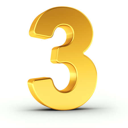 The number three as a polished golden object over white background with clipping path for quick and accurate isolation.の写真素材