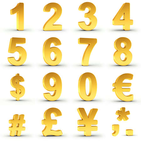 Set of golden numbers and currency symbols over white background with clipping path for each item for fast and accurate isolation.の写真素材