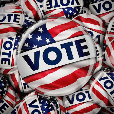 Photorealistic 3D render of a vote button with the American flag between many small election pin...