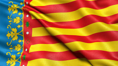 Flag of the Valencian Community waving in the wind. 3D illustration.の写真素材