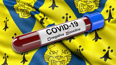 Flag of Shropshire waving in the wind with a positive Covid-19 blood test tube. 3D illustration...