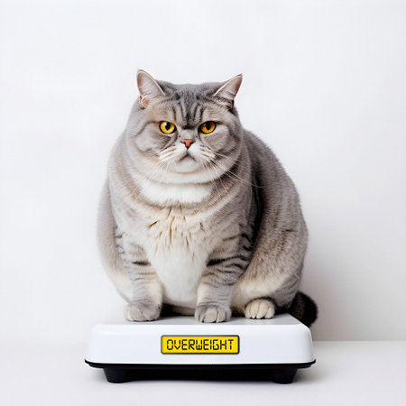Fat cat with a sad facial expression sitting on a scale with a display showing OVERWEIGHT on it. Generative AI.の素材