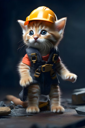 Illustration of a kitten dressed as a construction worker with hardhat in studio setting. Generative AI.の素材